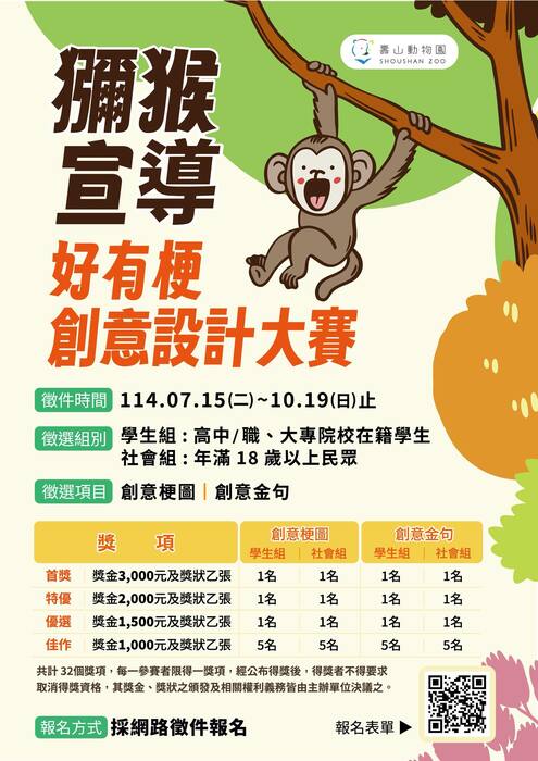 轉知~~高雄市政府觀光局辦理壽山動物園「獼猴宣導好有梗」創意設計大賽。圖片